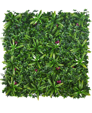 Die künstliche Hecke Olivine 100 x 100 cm UV ist eine dichte vertikale Gartenplatte mit grünen Blattpflanzen und kleinen violetten Blüten, die sich perfekt dazu eignet, jedem Raum lebendiges Grün zu verleihen.