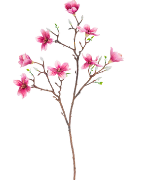 Der künstliche Zweig Magnolie kleinblütig 89 cm rosa hat einen Zweig mit mehreren blühenden rosa Magnolienblüten und grünen Blättern, perfekt für den dekorativen Gebrauch.