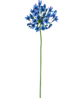 Die künstliche Blume Agapanthus 77 cm blau hat einen langen grünen Stiel mit einem Strauß leuchtend blauer und violetter Blüten auf einem schlichten weißen Hintergrund.