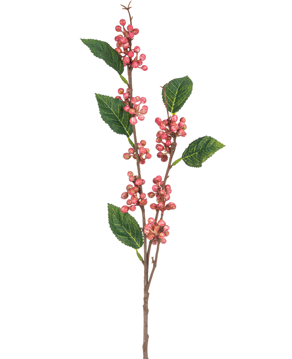 Der künstliche Beerenzweig 64 cm rosa besteht aus mehreren Büscheln kleiner, runder rosa Beeren mit grünen, gezackten Blättern an dünnen braunen Stielen, alle isoliert vor einem weißen Hintergrund.
