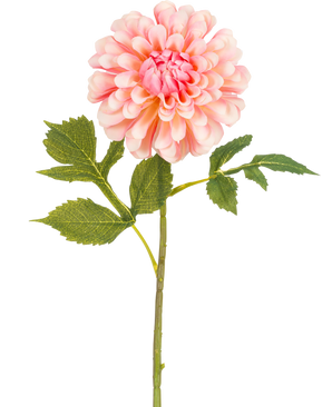 Die künstliche Blumen-Dahlie 50 cm rosa ist eine einzelne rosafarbene künstliche Dahlie mit geschichteten Blütenblättern und einem grünen Stiel mit drei Sätzen gezackter Blätter vor einem weißen Hintergrund.