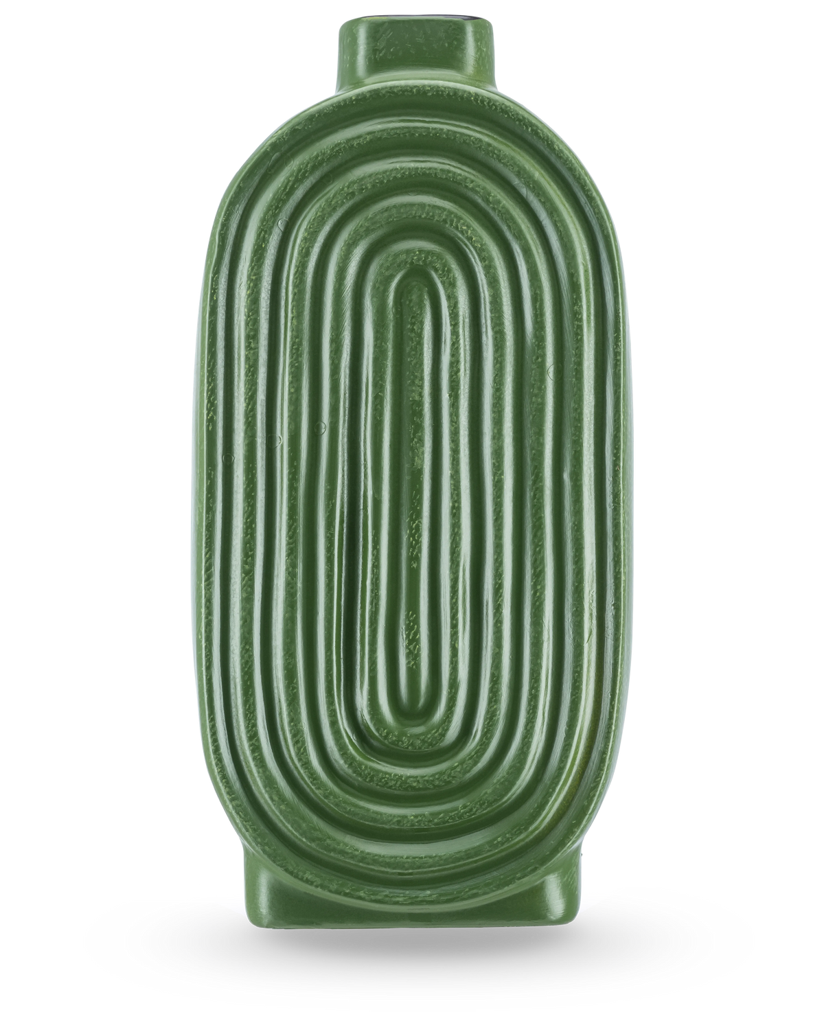Die Vase Breaths 24 cm grün hat eine ovale, gerippte Form und eine kleine Öffnung an der Oberseite, ideal als Keramikvase für Kunstblumen. Steht aufrecht auf hellem Hintergrund.