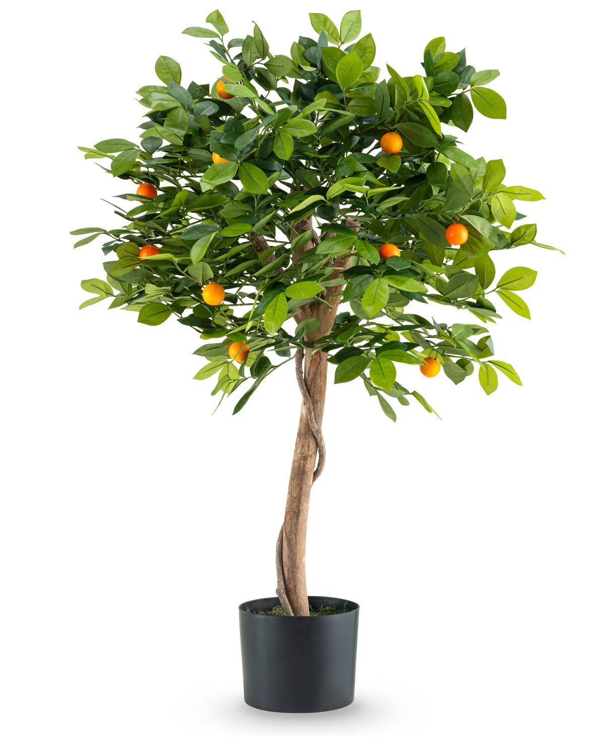 Der künstliche Orangenbaum 90 cm ist ein im Topf gepflanzter Orangenbaum mit gedrehtem Stamm, sattgrünen Blättern und kleinen orangefarbenen Früchten vor einem schlichten weißen Hintergrund.