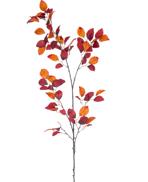 Der künstliche Zweig Rotbuche 156 cm ist ein einzelner Zweig mit mehreren Stielen, mit leuchtend roten und orangefarbenen Herbstblättern vor einem schlichten weißen Hintergrund.