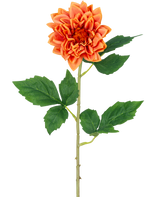 Die künstliche Blumen-Dahlie Real Touch Orange 54 cm besteht aus einer einzelnen orangefarbenen Dahlie mit geschichteten Blütenblättern, einem langen grünen Stiel und mehreren breiten grünen Blättern, isoliert auf einem weißen Hintergrund.