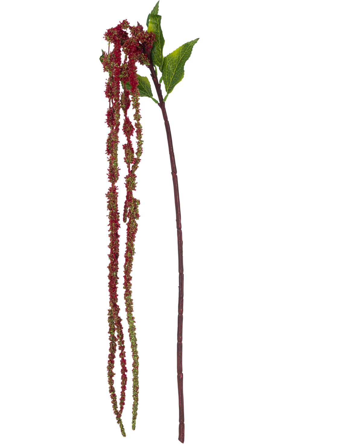 Die Kunstblume Amaranthus 122 cm weinrot hat einen einzelnen künstlichen Amaranth-Stiel mit grünen Blättern und langen Büscheln kleiner, weinroter Blüten vor einem weißen Hintergrund.