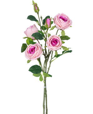 Der künstliche Rosenzweig Double Real Touch Pink 80 cm hat mehrere künstliche rosa Rosen und Rosenknospen mit grünen Blättern an einem Stiel vor einem schlichten weißen Hintergrund.