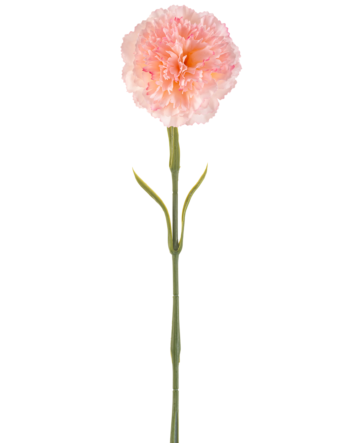 Kunstblume Nelke 57 cm errötend: Eine einzelne künstliche hellrosa Nelke mit gefalteten Blütenblättern an einem langen grünen Stiel und zwei Paaren schlanker Blätter, dargestellt vor einem weißen Hintergrund.