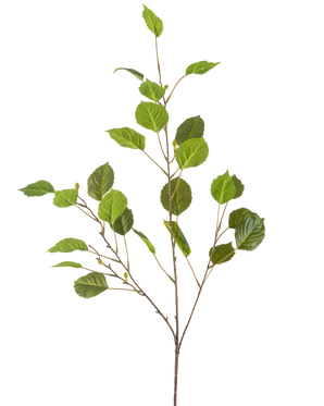 Der künstliche Zweig 118 cm grün ist ein einzelner dünner Zweig mit mehreren grünen Blättern und kleinen Knospen, isoliert auf einem weißen Hintergrund.