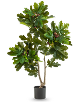 Der Kunstpflanze Ficus Carica Feigenbaum 120 cm hat sattgrüne Blätter und kleine braune Früchte in einem schwarzen Topf vor einem schlichten weißen Hintergrund.