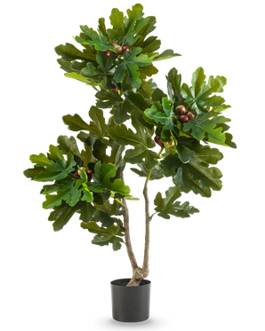 Der Kunstpflanze Ficus Carica Feigenbaum 120 cm hat sattgrüne Blätter und kleine braune Früchte in einem schwarzen Topf vor einem schlichten weißen Hintergrund.