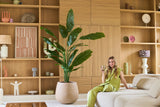 Eine Frau im grünen Outfit sitzt mit einem Getränk in der Hand auf einem beigen Sofa, neben ihr steht die Kunstpflanze Strelitzia Nicolai Deluxe 210 cm und im Hintergrund Holzregale mit Dekoobjekten.