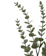 Drei künstliche Eukalyptus-Yugali-Stängel (71 cm) mit runden grünen Blättern, diagonal auf weißem Hintergrund angeordnet.
