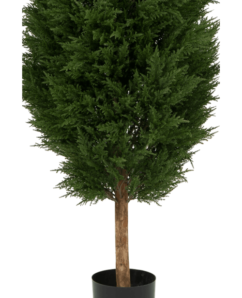 De Kunstplant Conifeer UV 180cm is een kunstgroene boom in pot met dicht donkergroen blad en een bruine stam, gepresenteerd in een eenvoudige zwarte pot tegen een witte achtergrond.