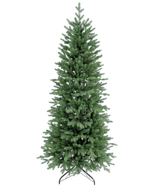 Der künstliche Weihnachtsbaum Slim „Undset“ aus 100 % PE ist ein hoher künstlicher Weihnachtsbaum mit dichten grünen PE-Zweigen, fühlt sich echt an und steht auf einem schwarzen Metallsockel. Es ist schmucklos und wird vor einem schlichten weißen Hintergrund dargestellt.