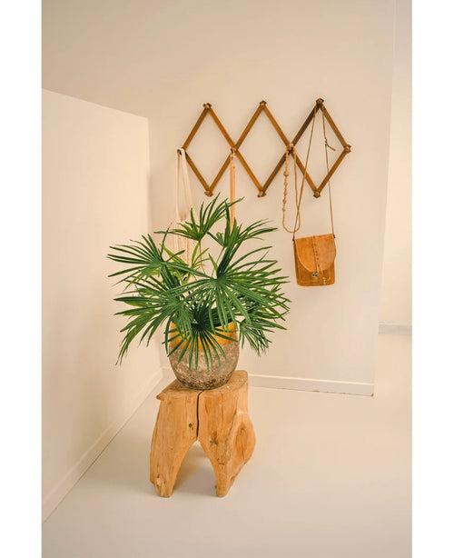 Die künstliche Pflanze Babypalmenfächer im Topf UV 50 cm steht auf einem Holzhocker in einem minimalistischen Raum. Dahinter präsentiert ein braunes Wandregal im Akkordeon-Stil braune und braune Ledertaschen vor einer strahlend weißen Wand.