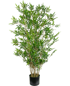 Die Kunstpflanze Bamboo Deluxe 120 cm ist ein hoher künstlicher Bambus mit mehreren schlanken Stielen und dünnen grünen Blättern, präsentiert in einem schlichten schwarzen Topf vor einem schlichten weißen Hintergrund.