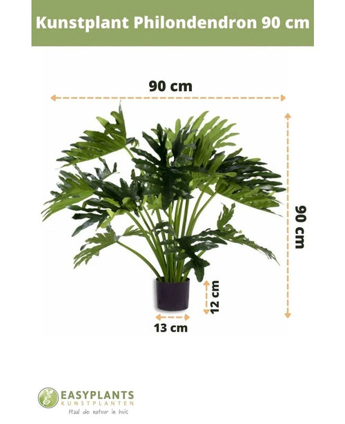 Kunstpflanze Philodendron UV 90 cm im schwarzen Topf, mit 90 cm breiten Blättern. Perfekt für jeden Raum. Topfgröße: 12 cm hoch, 13 cm breit. Easyplants-Logo unten.