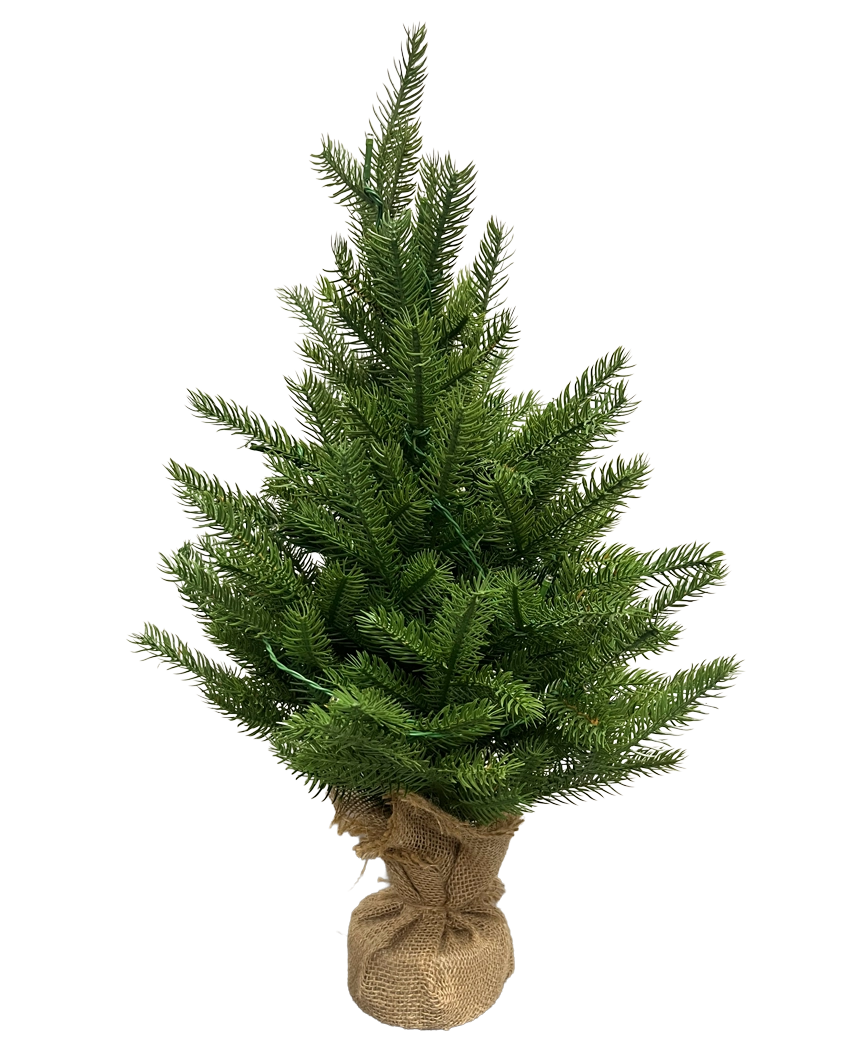 Der künstliche Weihnachtsbaum Mini „Munchi“ 60 cm 100 % PE – Smart LED ist ein kleiner grüner künstlicher Weihnachtsbaum mit echten Nadeln, einem mit Jute umwickelten Sockel und steht aufrecht vor einem schlichten weißen Hintergrund.