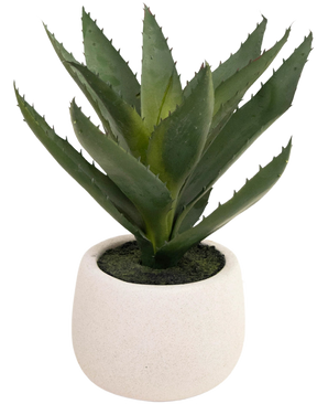 Die Kunstpflanze Aloe Vera 28 cm kommt in einem schlichten, runden Topf aus weißer Keramik, mit naturgetreuen grünen, stacheligen Blättern vor einem schlichten weißen Hintergrund.