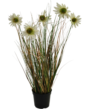 Der feuerhemmende Kunstrasen-Chrysanthemen-Zwiebeltopf (60 cm) hat lange, dünne grüne und braune Blätter mit mehreren hohen Stielen, die von weißen, gänseblümchenähnlichen Blüten mit einem gelben Herzen gekrönt sind.