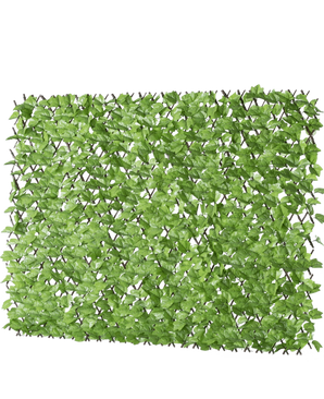 Die ausziehbare künstliche Efeu-Hecke 200 x 100 cm ist eine rechteckige, künstliche grüne Blattplatte auf einem Gitter, die einer grünen Hecke oder einem Sichtschutz ähnelt und vor einem weißen Hintergrund dargestellt wird.