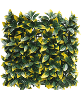 Die künstliche Hecke Photonia gelb 50x50 cm UV hat dichte, quadratische Felder aus künstlichen grünen und gelb-bunten Blättern für ein üppiges, lebendiges Aussehen. Zur einfachen Installation ist die Rasterschicht teilweise hinter dem Blattwerk sichtbar.