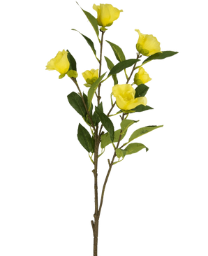Die künstliche Blumenkamelie 80 cm gelb hat einen einzelnen Stiel mit mehreren leuchtend gelben künstlichen Kamelienblüten und grünen Blättern, die vor einem schlichten weißen Hintergrund dargestellt sind.