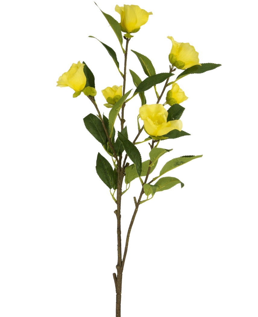 Die künstliche Blumenkamelie 80 cm gelb hat einen einzelnen Stiel mit mehreren leuchtend gelben künstlichen Kamelienblüten und grünen Blättern, die vor einem schlichten weißen Hintergrund dargestellt sind.