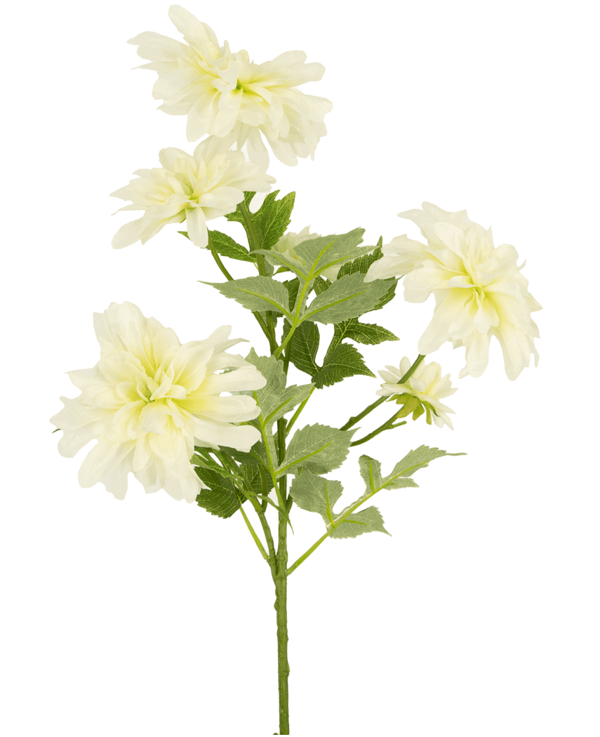 Eine 60 cm hohe künstliche Dahlie mit mehreren hellgelben Dahlienblüten und grünen Blättern vor einem schlichten weißen Hintergrund.