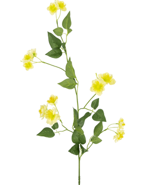 Die künstliche Blume Butterblume 77 cm ist ein einzelner grüner Stiel mit mehreren Zweigen, kleinen gelben Blüten und grünen Blättern – ideal zum Zusammenstellen Ihres Blumenstraußes – dargestellt auf einem schlichten weißen Hintergrund.
