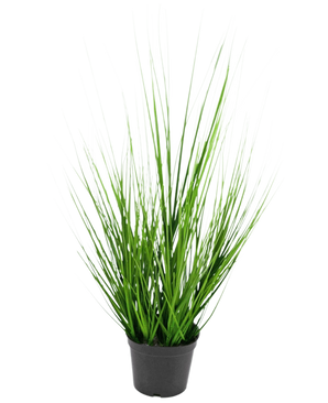 Die feuerhemmende Kunstrasenpflanze Zwiebel 48 cm ist ein kleiner schwarzer Kunststofftopf mit langen, dünnen, leuchtend grünen, grasähnlichen Blättern vor einem schlichten weißen Hintergrund.