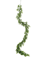 Die künstliche Schlingpflanze Pumila 182 cm hat eine lange, gewundene grüne Ranke mit kleinen Blättern, die vertikal vor einem schlichten weißen Hintergrund hängt.