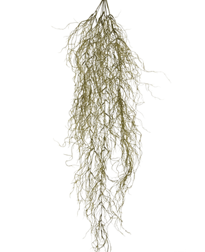 Die künstliche Hängepflanze Sudo 110 cm hat dünne, lange, gekräuselte, getrocknete Zweige, die vor einem schlichten weißen Hintergrund herabhängen. Als einzigartige künstliche Hängepflanze verleiht sie Ihrem Raum Atmosphäre und Gemütlichkeit.