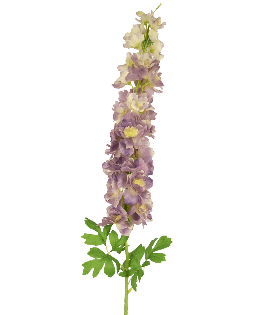 Die künstliche Blume Delphinium 105 cm lila ist ein künstlicher Stiel aus hellvioletten und cremefarbenen Delphiniumblüten mit grünen Blättern vor einem weißen Hintergrund.