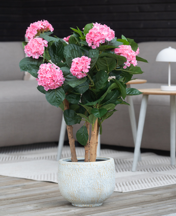 De Kunstplant Hortensia UV 85 cm roze heeft levendige roze hortensiabloesems en donkergroene bladeren in een pot, perfect voor binnendecoratie op een houten vloer, met een bank en tafeltje op de achtergrond.