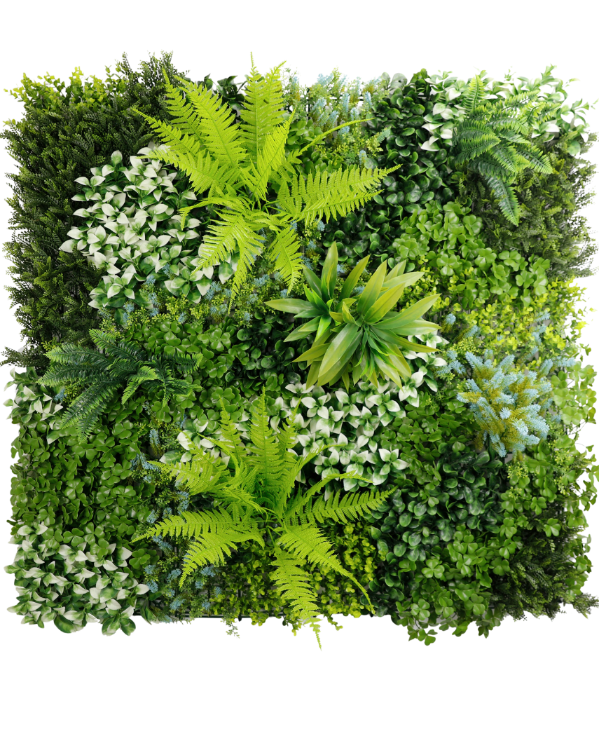 Die künstliche Hecke Cloe 100x100 cm UV ist ein quadratischer vertikaler Garten mit einer Mischung aus üppigen grünen Pflanzen und Farnen mit unterschiedlichen Blattformen, -größen und -tönen für eine dichte, strukturierte und lebendige Laubwand.