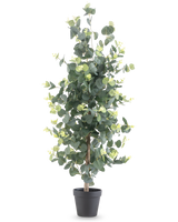 Kunstplant Eucalyptus 91 cm met ronde groene bladeren en kleine gele accenten in een zwarte pot, afgebeeld tegen een effen witte achtergrond.
