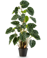Een Kunstplant Anthurium 90 cm groen met weelderige, hartvormige groene bladeren en opvallende witte nerven, tegen een effen witte achtergrond.