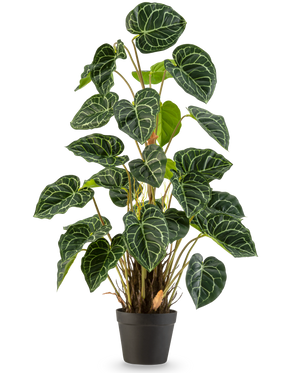 Een Kunstplant Anthurium 90 cm groen met weelderige, hartvormige groene bladeren en opvallende witte nerven, tegen een effen witte achtergrond.