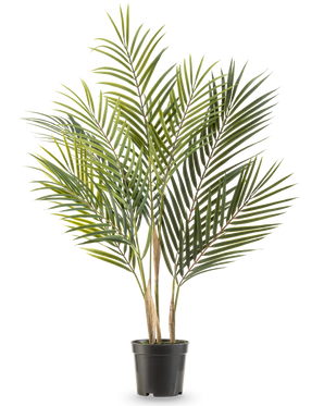De Kunstpalm Chamaedorea 71 cm heeft lange, slanke groene bladeren en meerdere stammen, waardoor het lijkt alsof het een hoge palm in pot is tegen een witte achtergrond.