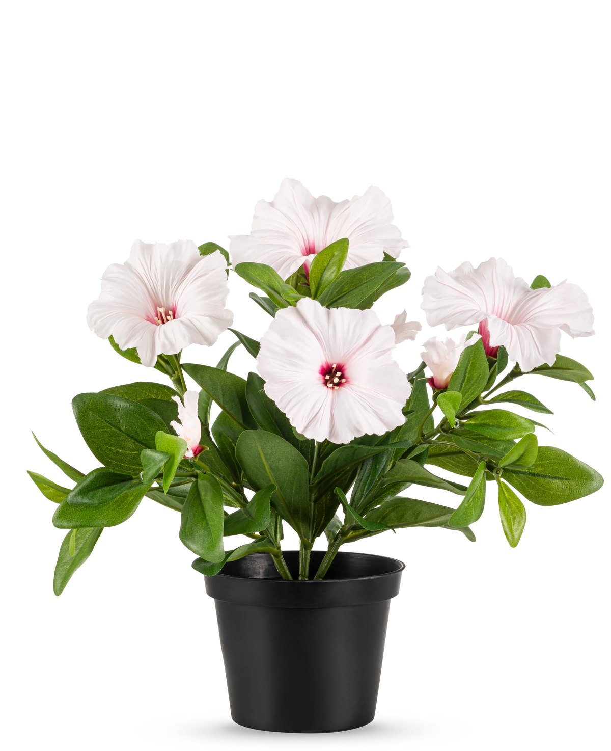 Die künstliche Blumenpflanze Petunie 25 cm rosa steht in einem schwarzen Topf mit mehreren hellrosa, fünfblättrigen Blüten mit dunkelrosa Herz und gelben Staubgefäßen vor einem schlichten weißen Hintergrund.