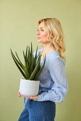 Een vrouw met lang blond haar in een lichtblauwe blouse en blauwe broek houdt de Kunstplant Aloë Vera 43 cm in een pot tegen een effen lichtgroene achtergrond.