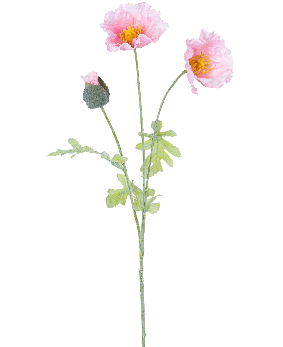 Die künstliche Mohnblume 73 cm hellrosa hat einen einzelnen Stiel mit zwei offenen hellrosa Mohnblüten, einer geschlossenen Knospe, Rüschen in den Blütenblättern, gelben Herzen und grünen Blättern auf weißem Hintergrund.