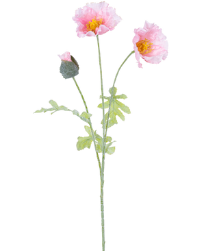 De Kunstbloem Papaver 73 cm lichtroze heeft een enkele steel met twee open lichtroze papaverbloemen, een gesloten knop, ruches in de bloemblaadjes, gele hartjes en groene bladeren op een witte achtergrond.