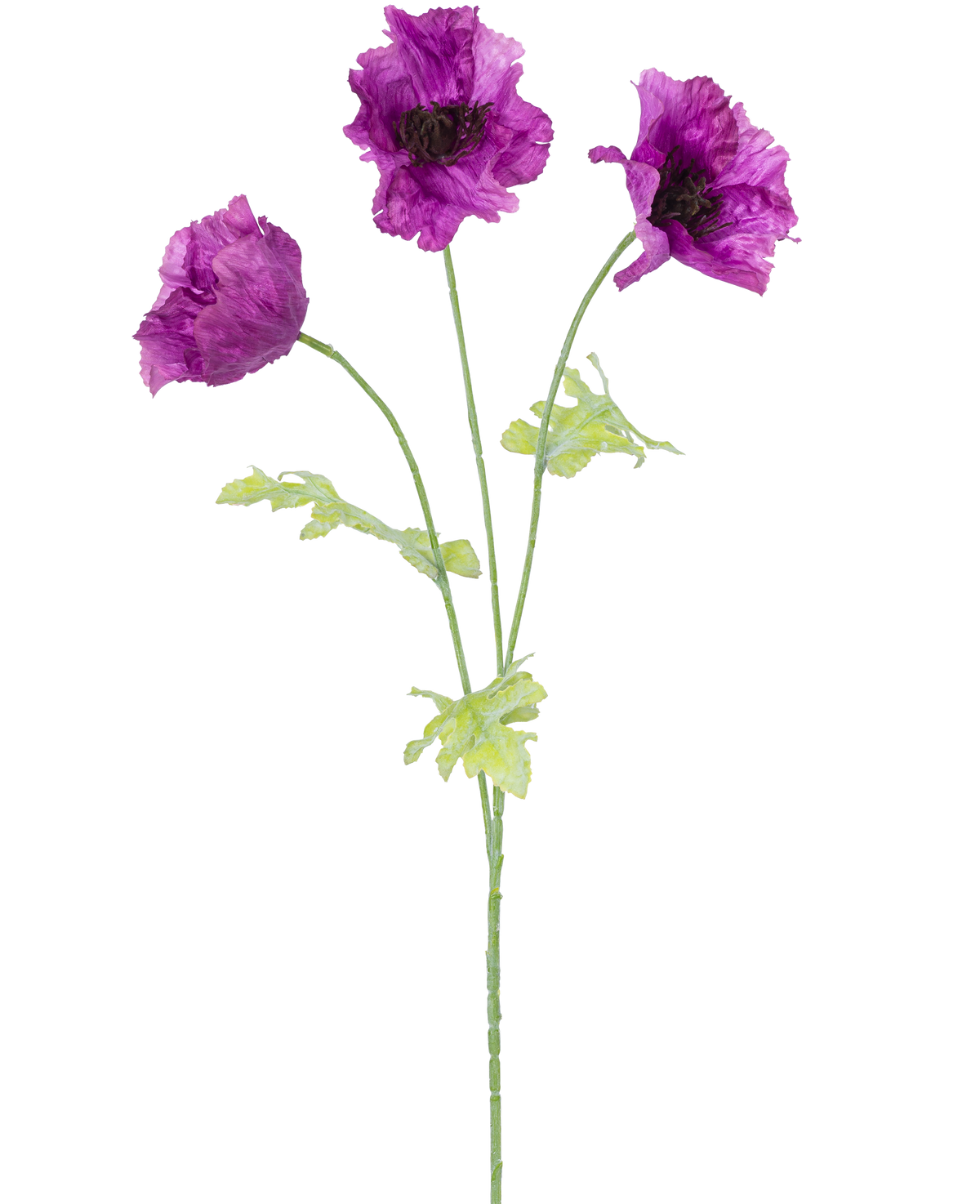 Die künstliche Mohnblume 73 cm in Flieder hat drei lila künstliche Mohnblüten mit grünen Stielen und Blättern vor einem schlichten weißen Hintergrund. Die zarten, leicht gekräuselten Blütenblätter verleihen dem Arrangement Struktur.