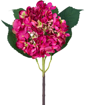 Een enkele Kunstbloem Garden Hortensia 61 cm roze roze hortensiabloesem en drie grote groene bladeren tegen een witte achtergrond.