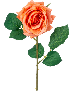 De Kunstbloem Crystal Touch vochtinbrengende roos heeft een Real Touch oranje bloem met groene bladeren en een 43 cm lange steel, tegen een effen witte achtergrond.