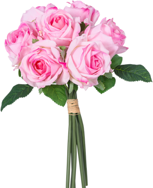 Een Kunstrozenboeket van 7 Real Touch roze rozen (30 cm) met groene bladeren, samengebonden met touw en gefotografeerd tegen een witte achtergrond.