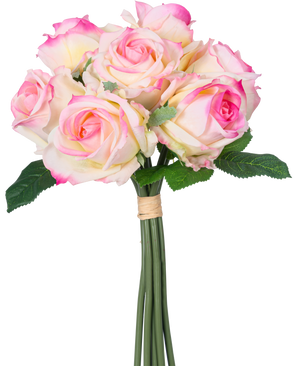 De Kunstrozenboeket 7 Rozen Real Touch Crème/Roze 30 cm heeft zeven crèmekleurige en roze kunstrozen met groene bladeren en lange stelen, gebonden met een bruin lint en afgebeeld tegen een witte achtergrond.